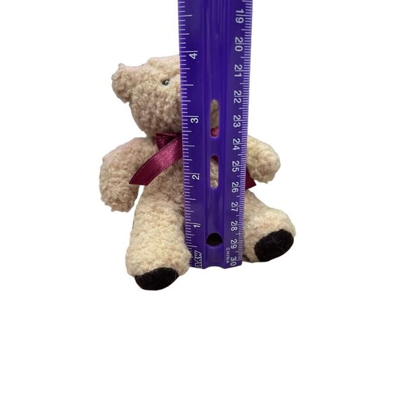 Russ Berrie Small (Mini) Beige Teddy Bear With Burgundy Bow - Picture 7 of 7